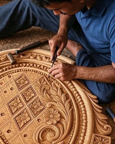 An artisan carving a floral medallion into a large round wooden panel