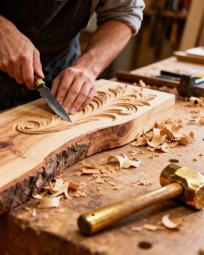 An artisan cutting a scroll motif into a live-edge slab at the workbench