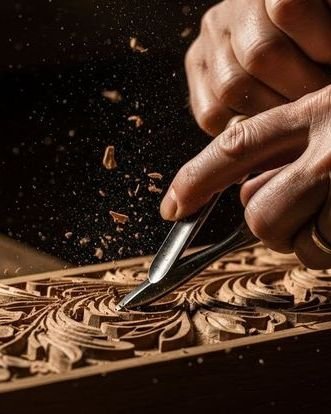 A chisel cutting a floral border into a wooden panel, shavings in the air