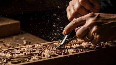 A chisel cutting a floral border into a wooden panel, shavings in the air